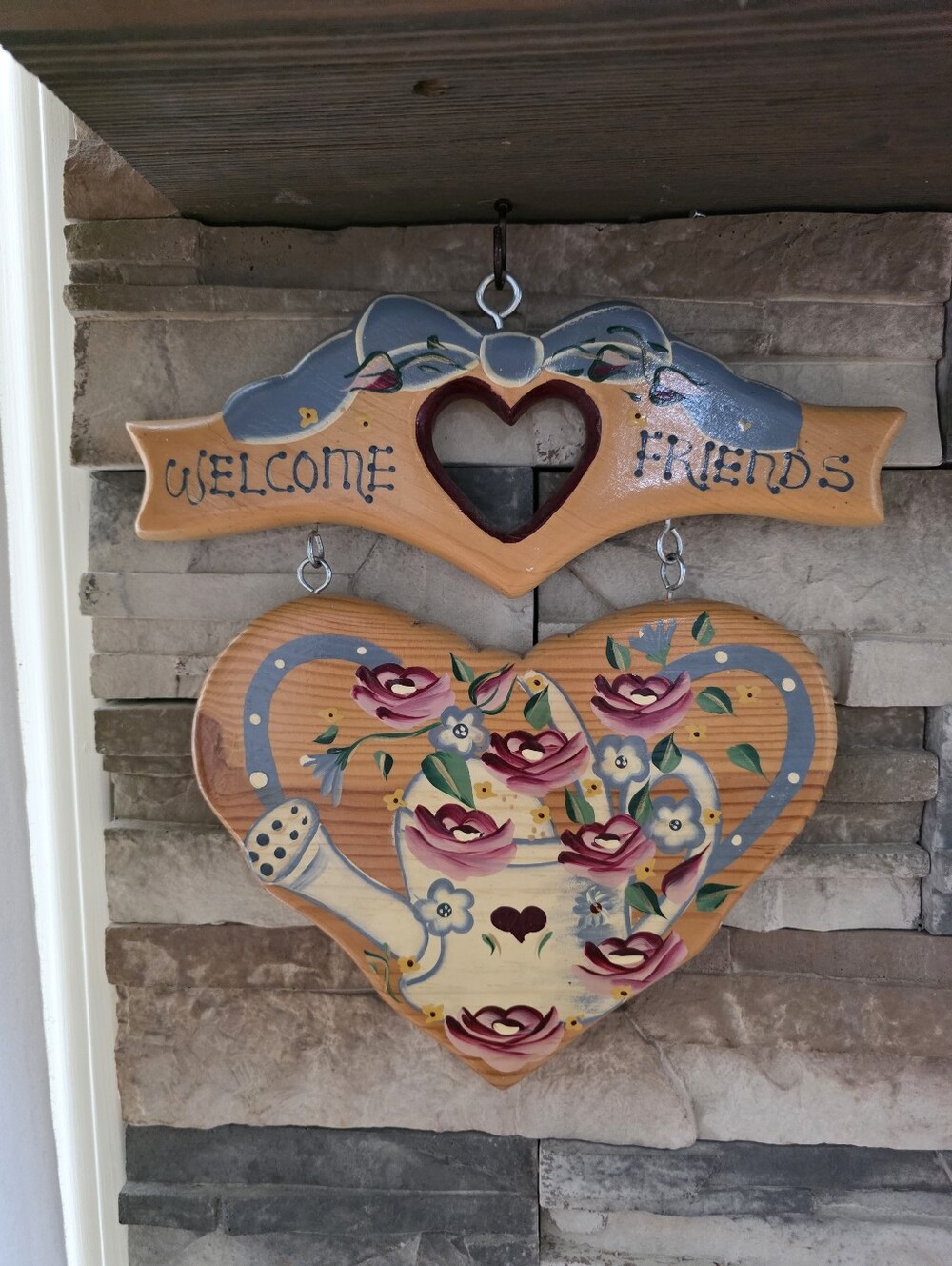 Vtg Cottagecore Water Can Heart Hand Painted Wooden Welcome Sign 12x10